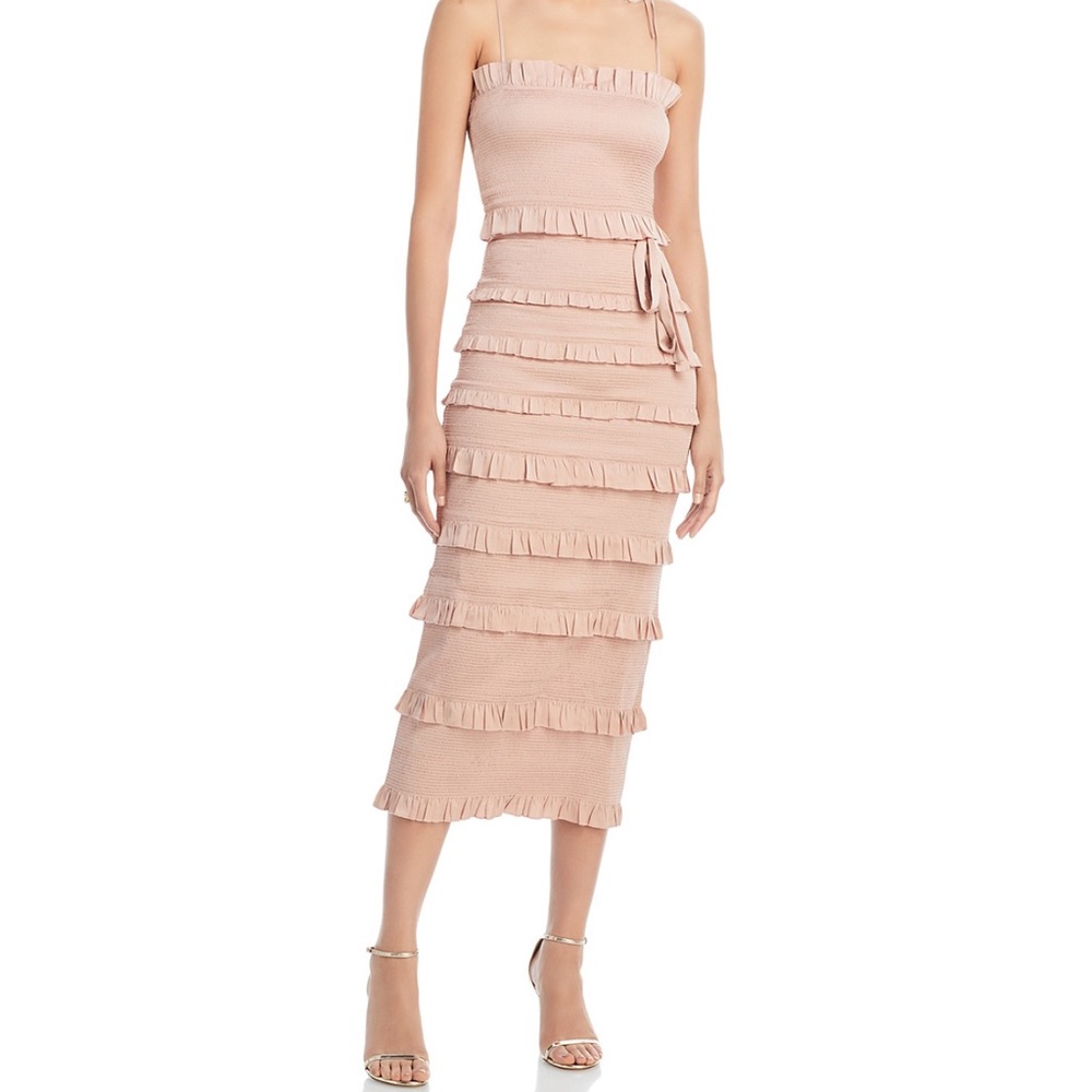 V. Chapman Lily Smocked Ruffle Trim Midi Dress Color Rose Dust Size 10